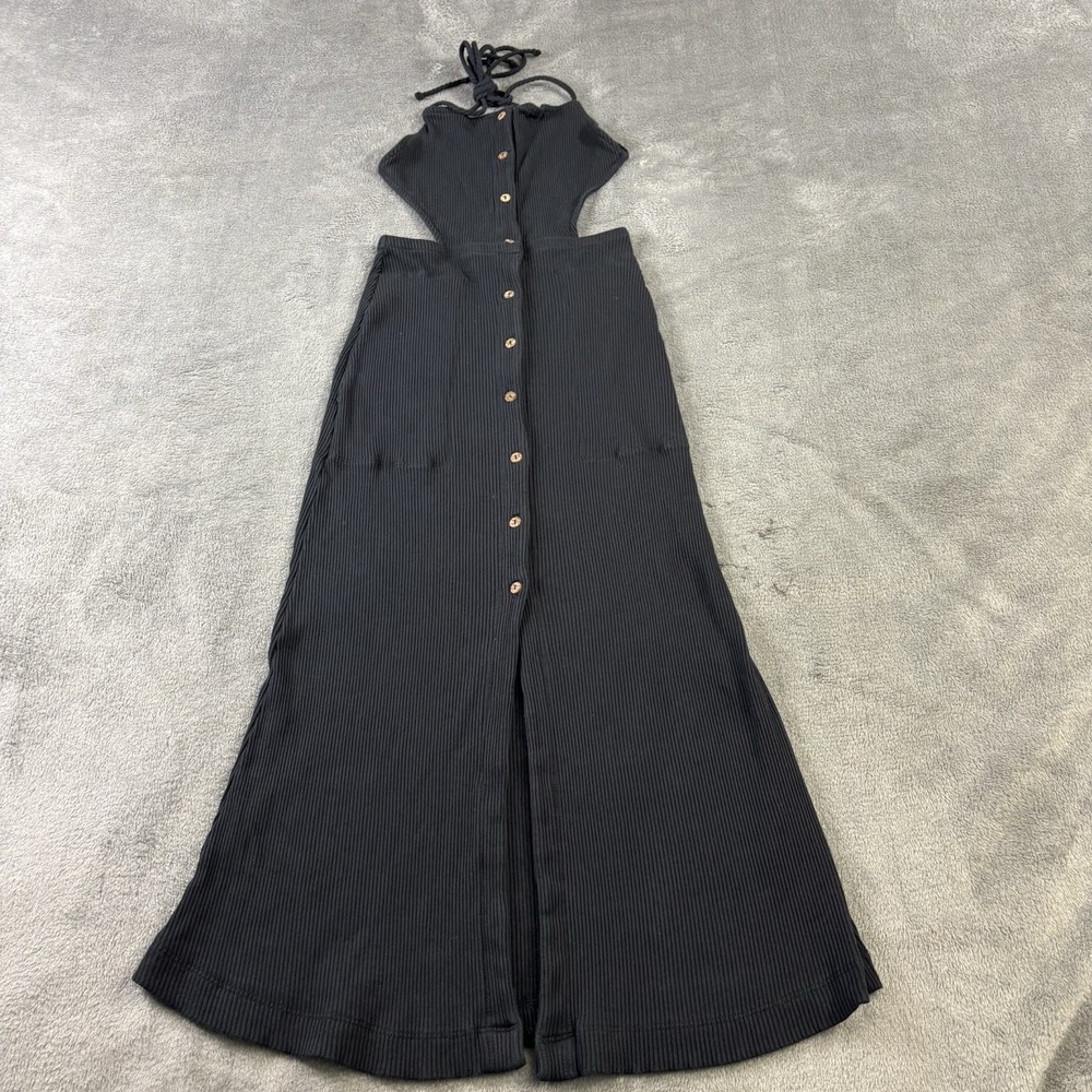 Free People FP Beach Margaret Cut-Out Midi‎ Black Dress Stretch Ribbed Womens SP